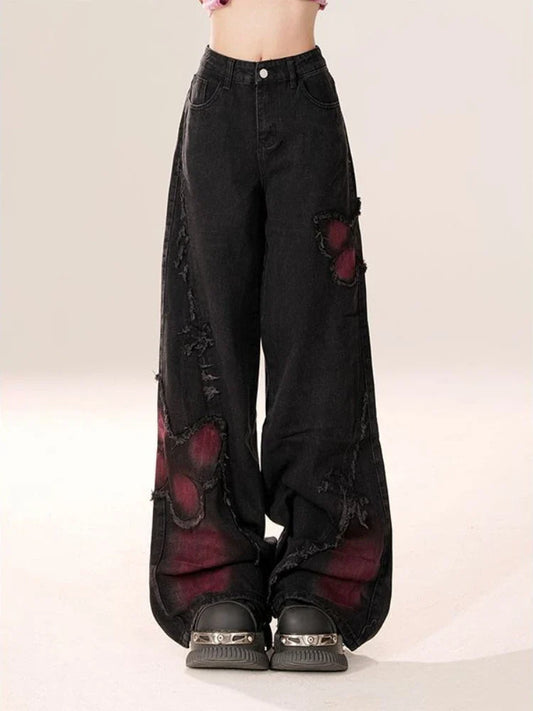 Black Waist Jeans Women Y2k Baggy Butterfly Tie Dye Punk Wide Leg Denim Pants