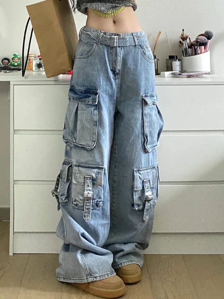 Blue Cargo Jeans Women Oversize Fashion Kpop Pocket Wide Leg Denim Pants