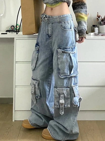 Blue Cargo Jeans Women Oversize Fashion Kpop Pocket Wide Leg Denim Pants