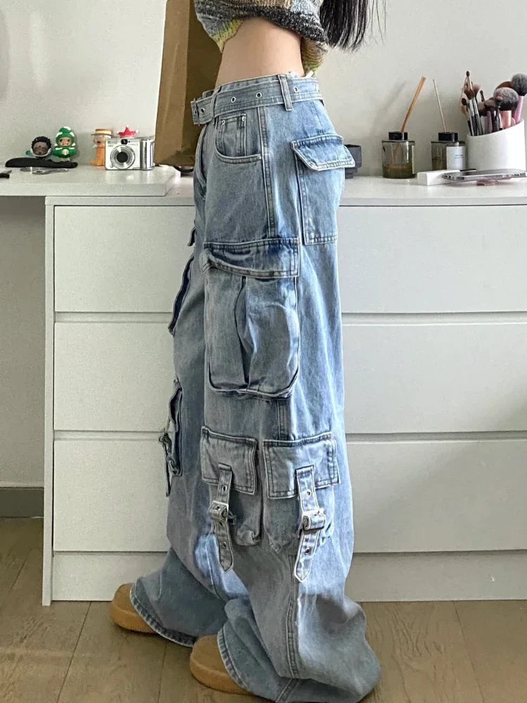 Blue Cargo Jeans Women Oversize Fashion Kpop Pocket Wide Leg Denim Pants