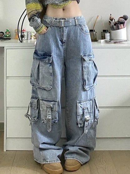 Blue Cargo Jeans Women Oversize Fashion Kpop Pocket Wide Leg Denim Pants