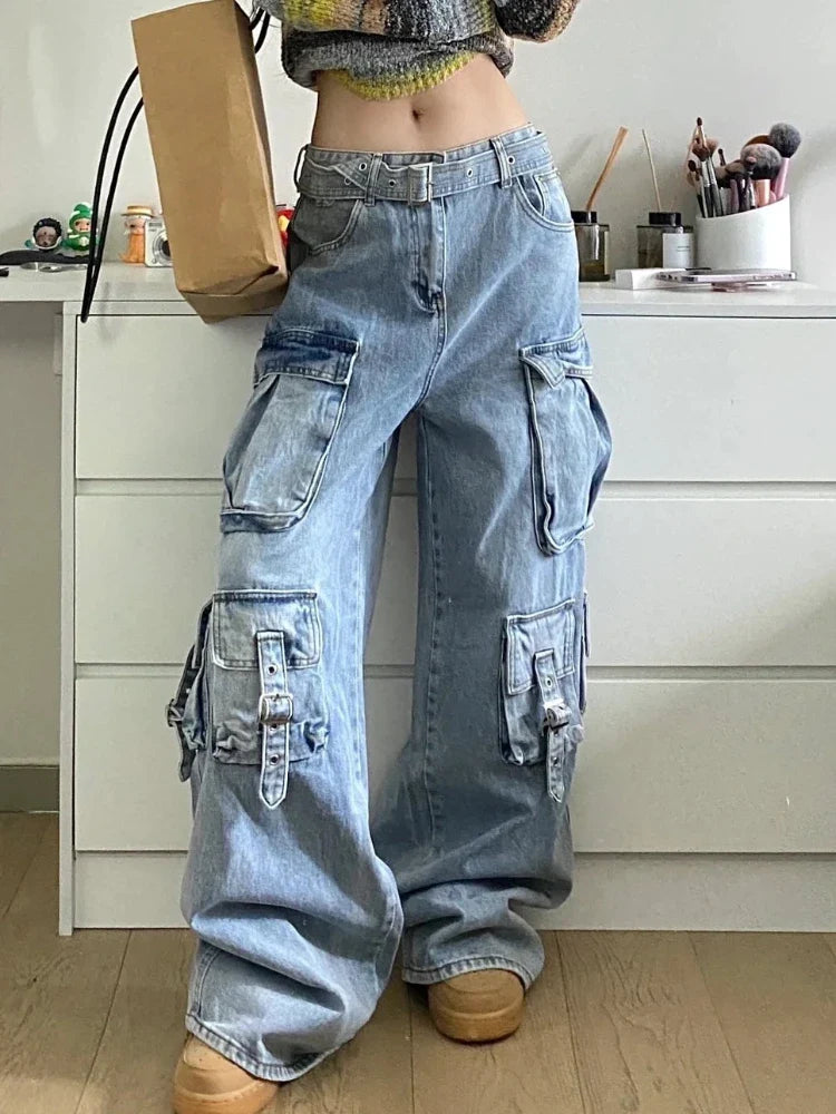 Blue Cargo Jeans Women Oversize Fashion Kpop Pocket Wide Leg Denim Pants