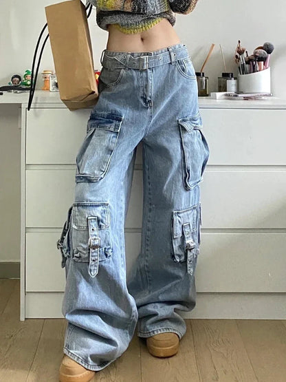 Blue Cargo Jeans Women Oversize Fashion Kpop Pocket Wide Leg Denim Pants