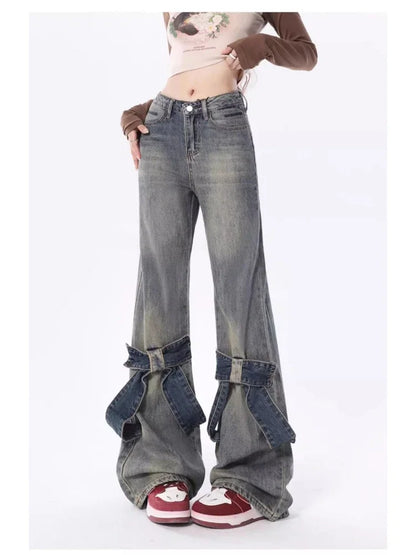 Women Fashion Denim Y2k Loose Straight High Waist Pants Streetwear Wide Leg Pants