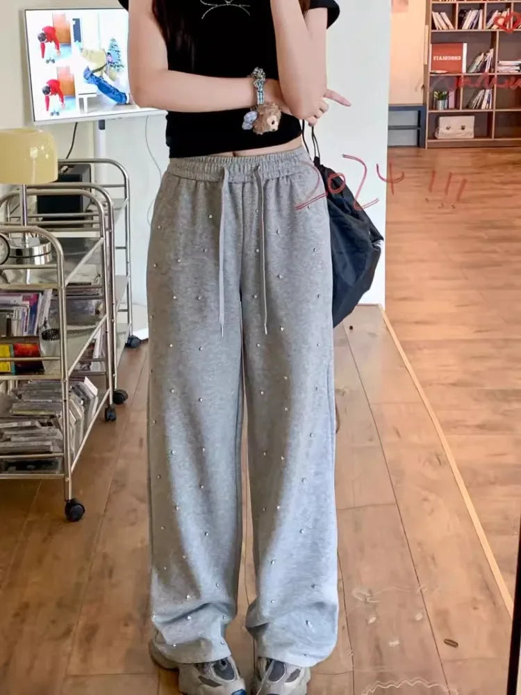 Grey Palazzo Pants For Women Baggy High Waist Wide Leg Joggers Y2k Pants