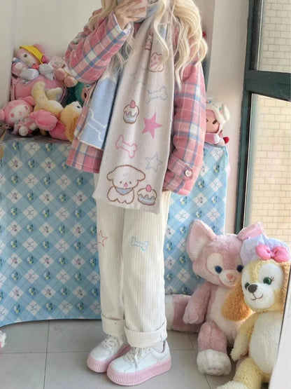 Harajuku Kawaii Corduroy Pants Women Cute Wide Leg Pants