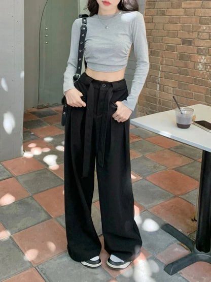 High Women Y2k Baggy Belt Pleated Wide Leg Sport Streetwear Pants