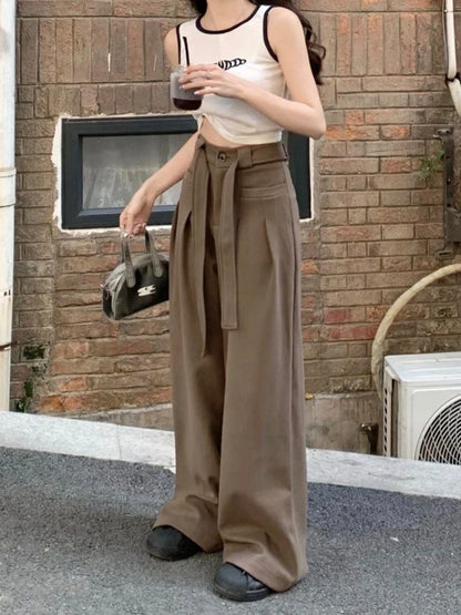 High Women Y2k Baggy Belt Pleated Wide Leg Sport Streetwear Pants