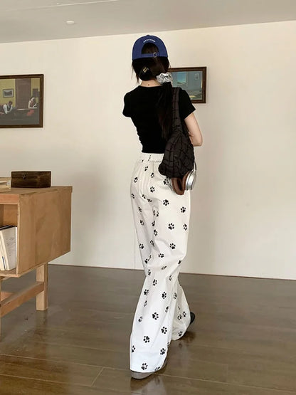 Kawaii Graphic White Pants Women Printed High Waisted Pants