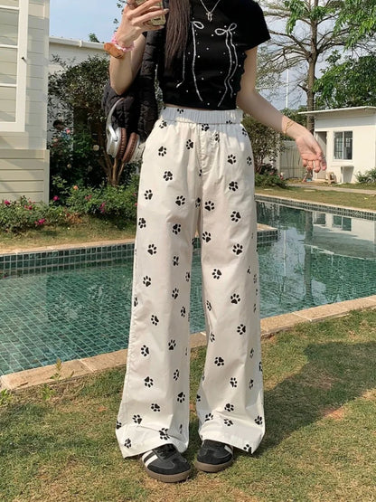 Kawaii Graphic White Pants Women Printed High Waisted Pants