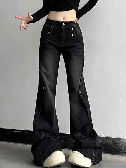 Women Jeans Fashion Star Patchwork Boot Cut Denim Pants