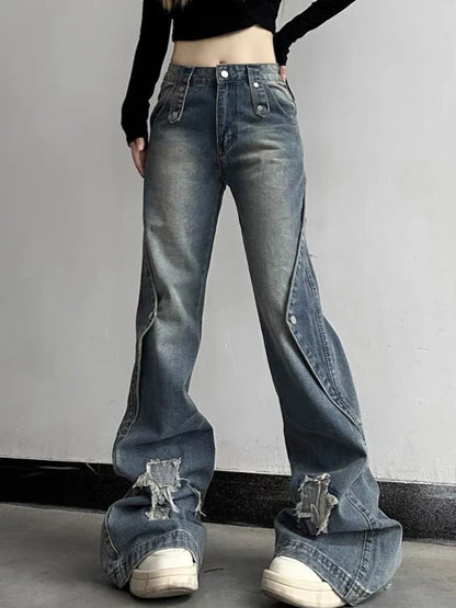 Women Jeans Fashion Star Patchwork Boot Cut Denim Pants