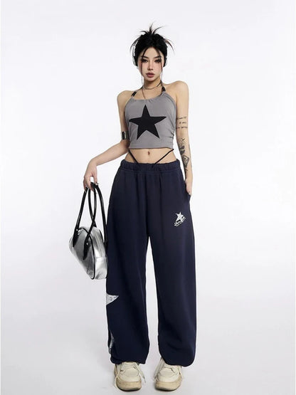 Women Streetwear Fashion Waist Stars Straight Jogging Sports Pants