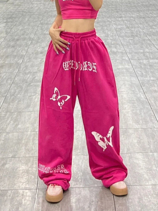 Pink Y2k Women's Sports Pants Baggy Pattern Wide Leg Pants