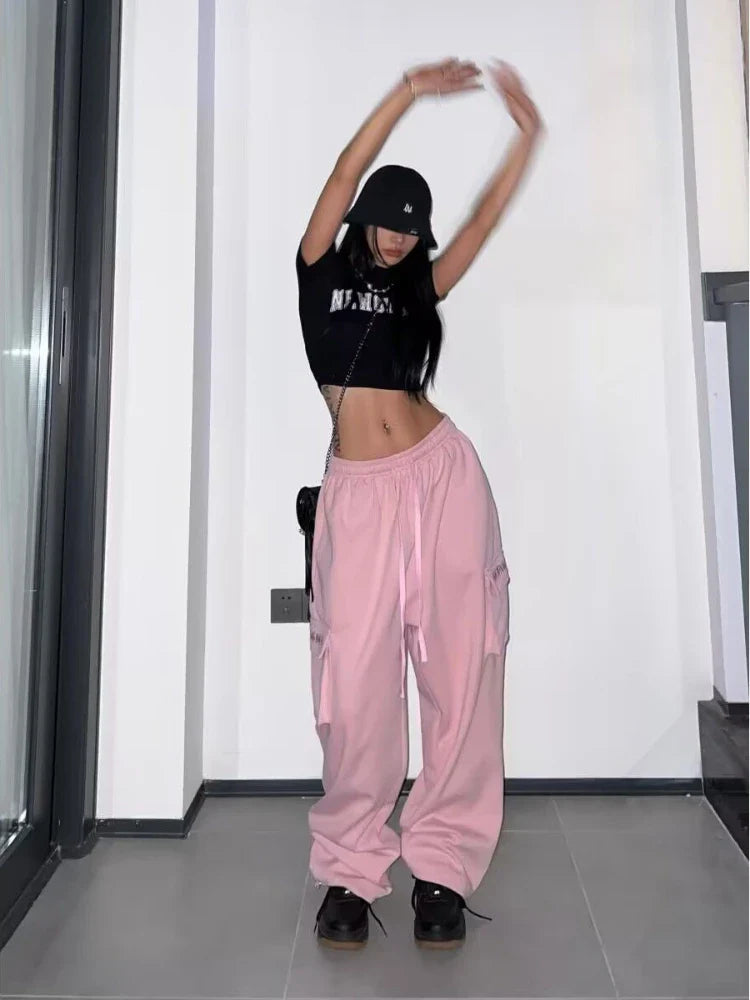 Pink Cargo Pants Women High Waist Baggy Wide Leg Trousers Y2k Streetwear Pants