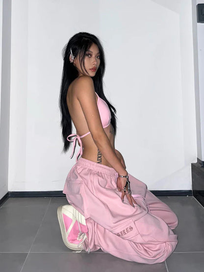 Pink Cargo Pants Women High Waist Baggy Wide Leg Trousers Y2k Streetwear Pants