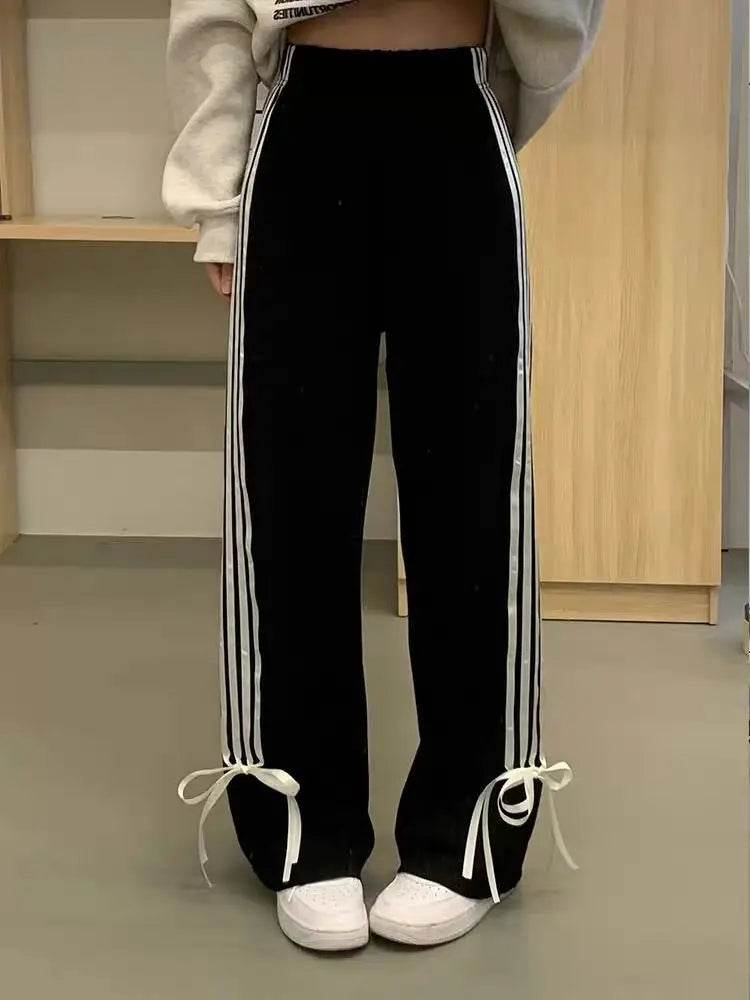 Women Fashion Baggy Side Stripe High Waist Sports Hip Hop Joggers Pants