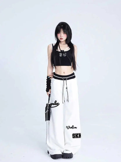 Women Sports Pants Hip Hop Baggy Letter Pattern Wide Leg Jogging Pants