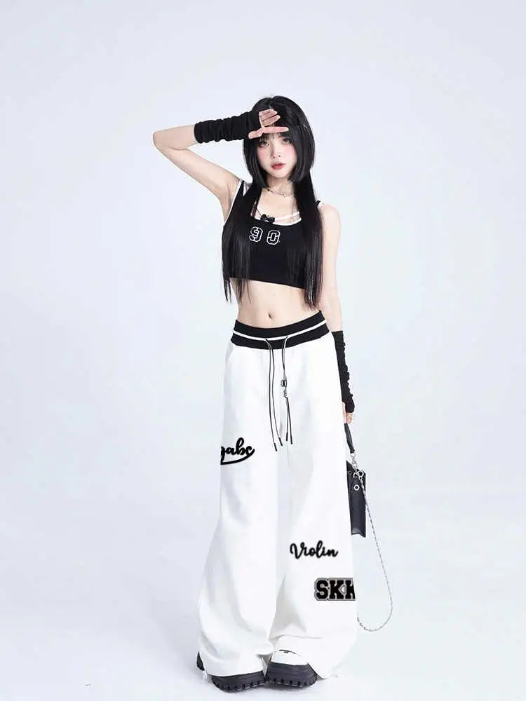 Women Sports Pants Hip Hop Baggy Letter Pattern Wide Leg Jogging Pants