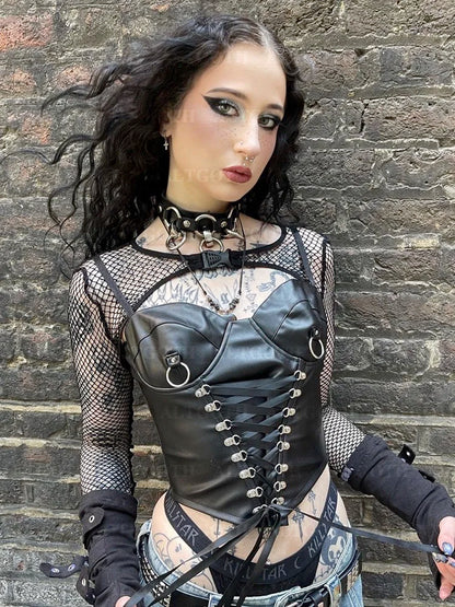 Alt Corset PU Goth Crop Cyberpunk Bandage Top