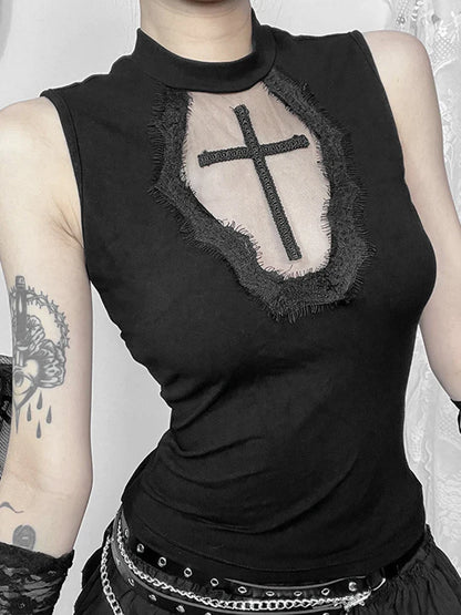 Gothic Crop See Dark Grunge Through Patchwork Mesh Alternative Cross Top