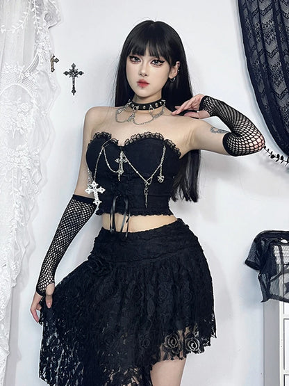 AltGoth Gothic Dark Punk Harajuku Grunge Stylish Elegant Chic Trendy Lace-up Crop Top