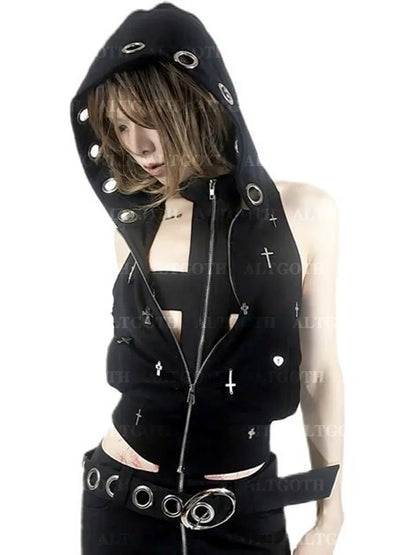 Streetwear Cyberpunk Grunge Vest Hooded Alt Cross Crop Gothic Dark Top