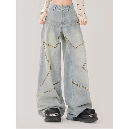 Waist Pocket Casual Denim Wide Baggy Y2K Leg Oversized High American Retro Jeans