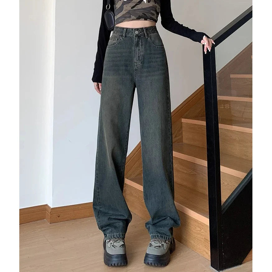 Retro Cement Wide-Leg Female 2024 New High-Waisted Thin Loose Straight Drag Jeans