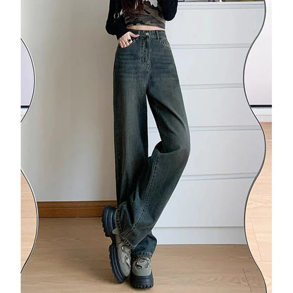 Retro Cement Wide-Leg Female 2024 New High-Waisted Thin Loose Straight Drag Jeans