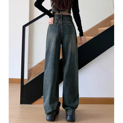 Retro Cement Wide-Leg Female 2024 New High-Waisted Thin Loose Straight Drag Jeans