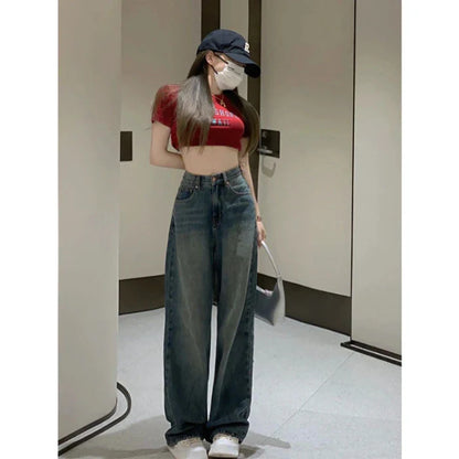 Retro Cement Wide-Leg Female 2024 New High-Waisted Thin Loose Straight Drag Jeans