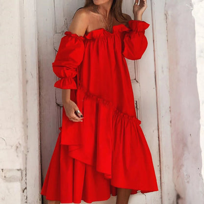 Bohemian Beach Midi Dress with Asymmetrical Loose Irregular Ruffles