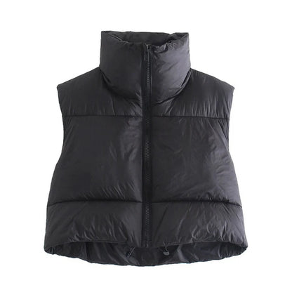 Autumn Winter Short Cotton Down Vest Stand-up Collar Warm Sleeveless Quilted Outdoor Travel Jacket Coat