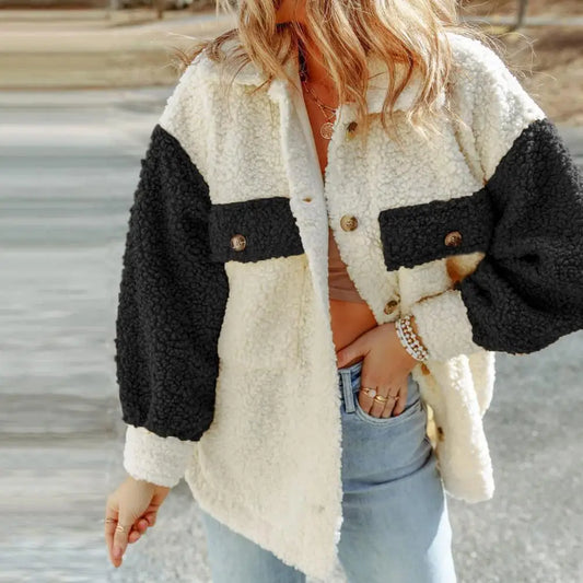 Autumn Women Lapel Pockets Long Sleeve Single Breasted Color Block Furry Outwear Jacket Coat