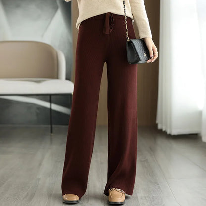 New Merino Wool Ladies High Waist Wide Leg Casual Knitted Loose Pants