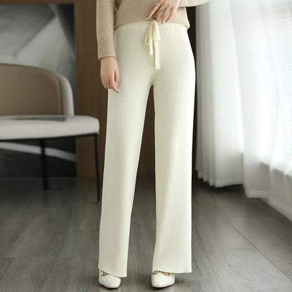 New Merino Wool Ladies High Waist Wide Leg Casual Knitted Loose Pants