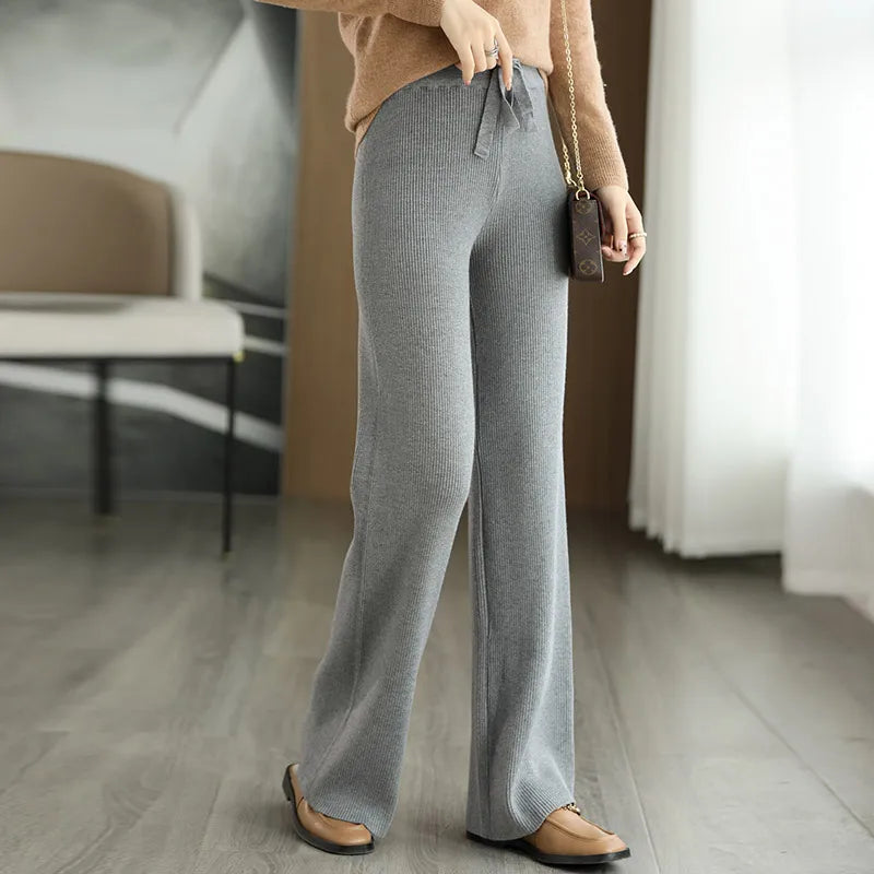 New Merino Wool Ladies High Waist Wide Leg Casual Knitted Loose Pants