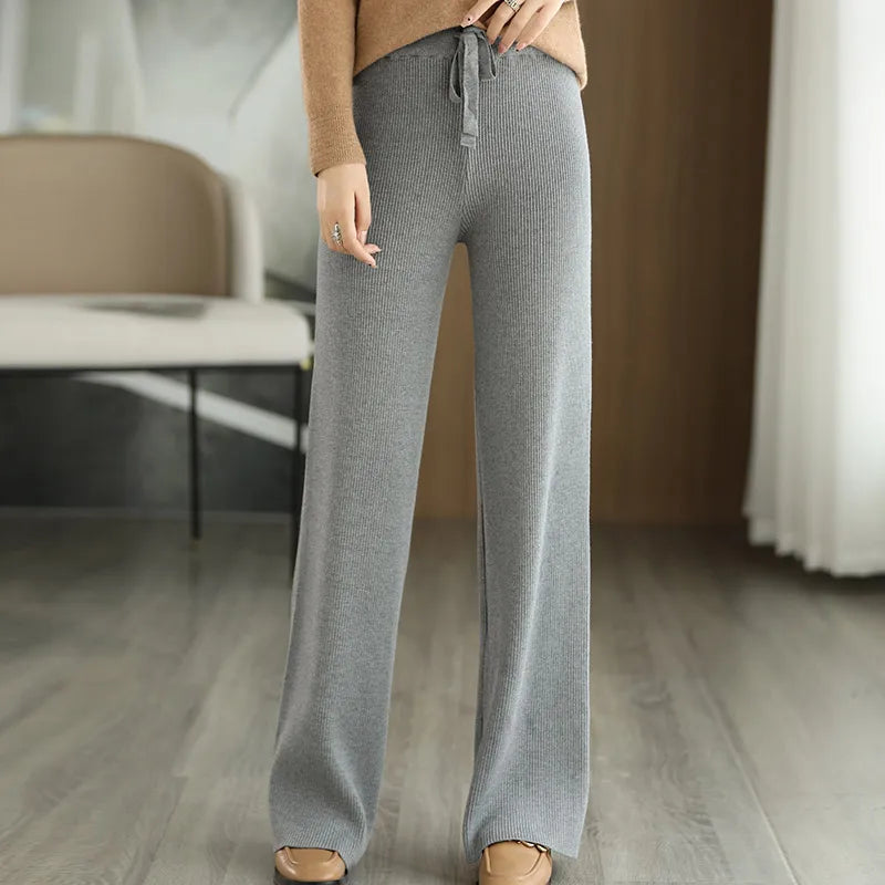 New Merino Wool Ladies High Waist Wide Leg Casual Knitted Loose Pants