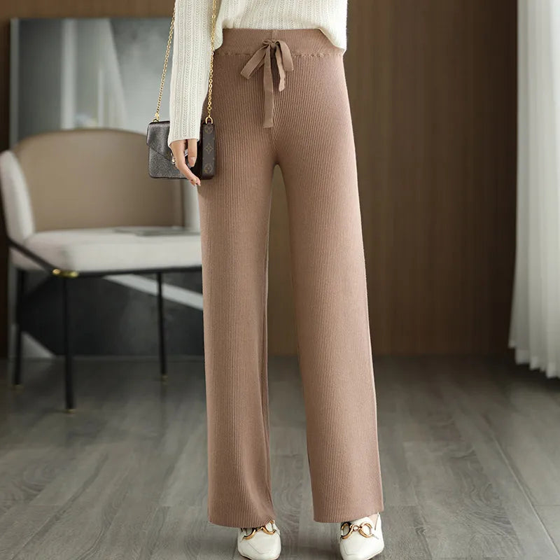 New Merino Wool Ladies High Waist Wide Leg Casual Knitted Loose Pants