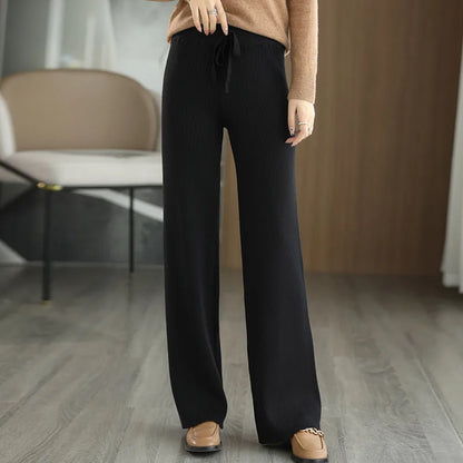 New Merino Wool Ladies High Waist Wide Leg Casual Knitted Loose Pants