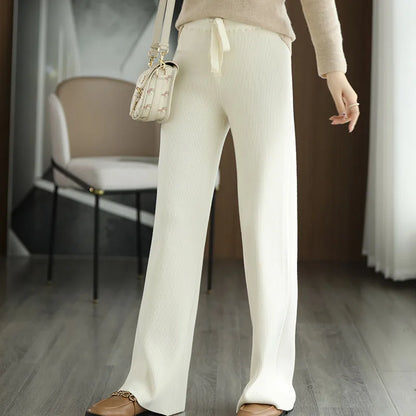 New Merino Wool Ladies High Waist Wide Leg Casual Knitted Loose Pants