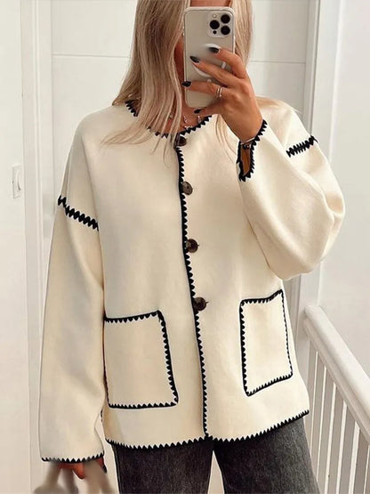 Contrast O Neck Loose Elegant Long Sleeves Chic Winter New Stylish Fashionable Coat