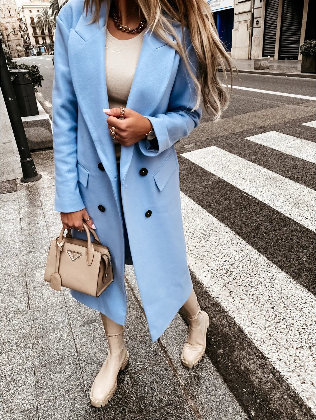 Autumn Women Long Woolen Retro Fashion Black Sleeve Blue Casual Winter Street Wear Loose Coat