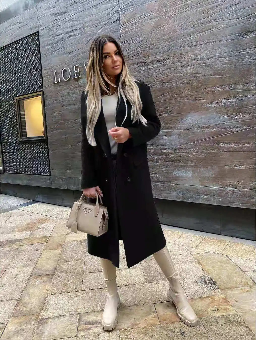 Autumn Women Long Woolen Retro Fashion Black Sleeve Blue Casual Winter Street Wear Loose Coat