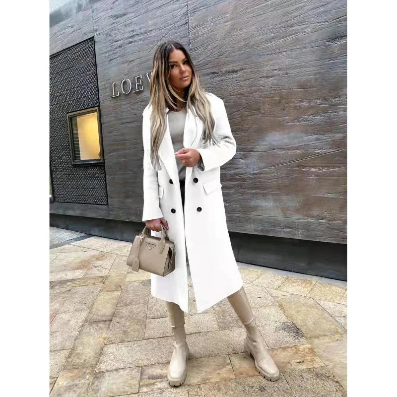 Autumn Women Long Woolen Retro Fashion Black Sleeve Blue Casual Winter Street Wear Loose Coat