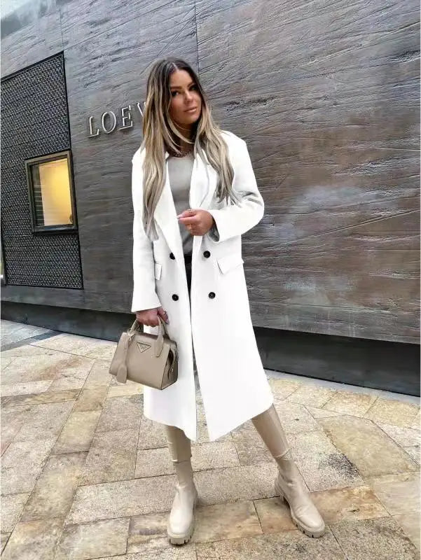 Autumn Women Long Woolen Retro Fashion Black Sleeve Blue Casual Winter Street Wear Loose Coat