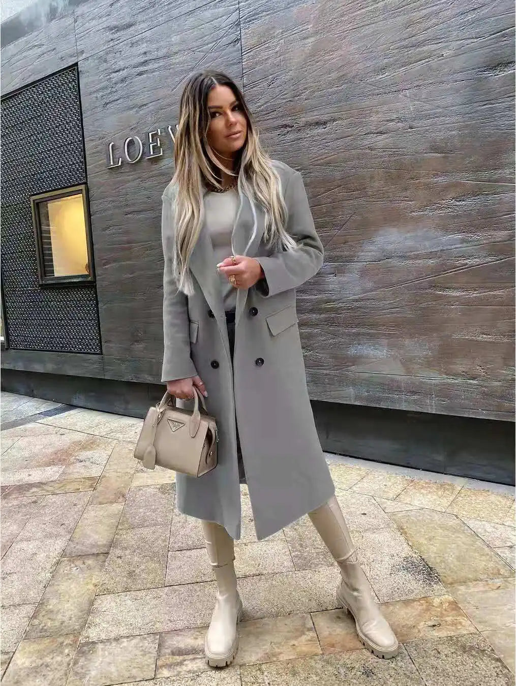 Autumn Women Long Woolen Retro Fashion Black Sleeve Blue Casual Winter Street Wear Loose Coat