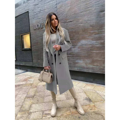 Autumn Women Long Woolen Retro Fashion Black Sleeve Blue Casual Winter Street Wear Loose Coat