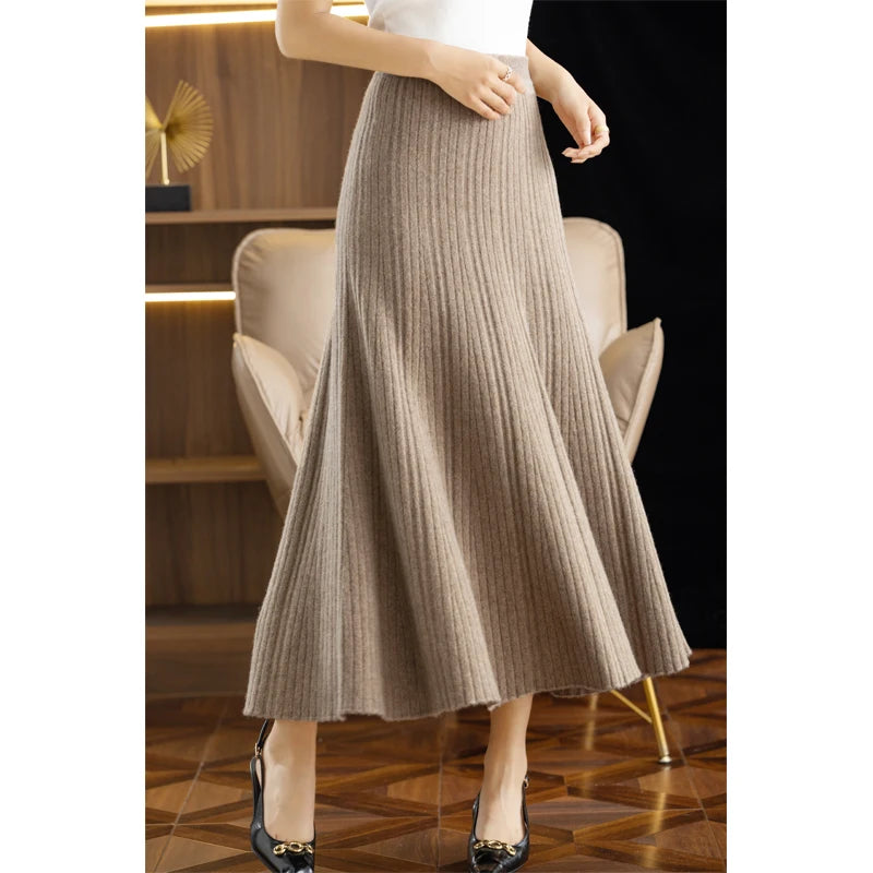 Autumn Winter A-Line Elastic High Waist Knitted Pleated Over Knee Skirt